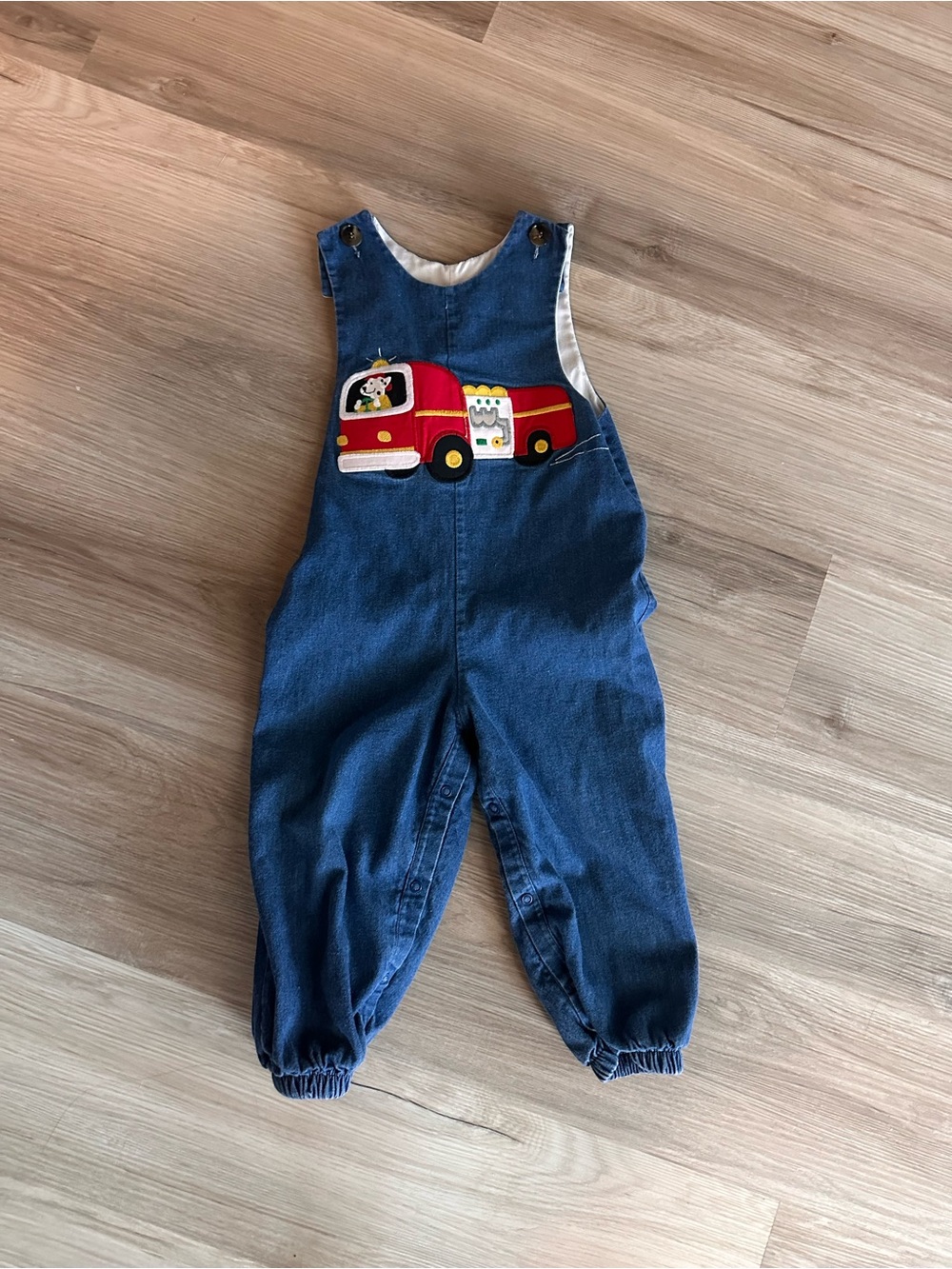Kelly Kids Blue Denim Kids Overalls with Red Fire Truck Applique